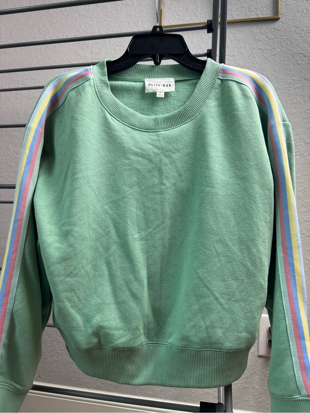 Olive & Oak Mint Crewneck Sweatshirt with Pastel Stripe Sleeves